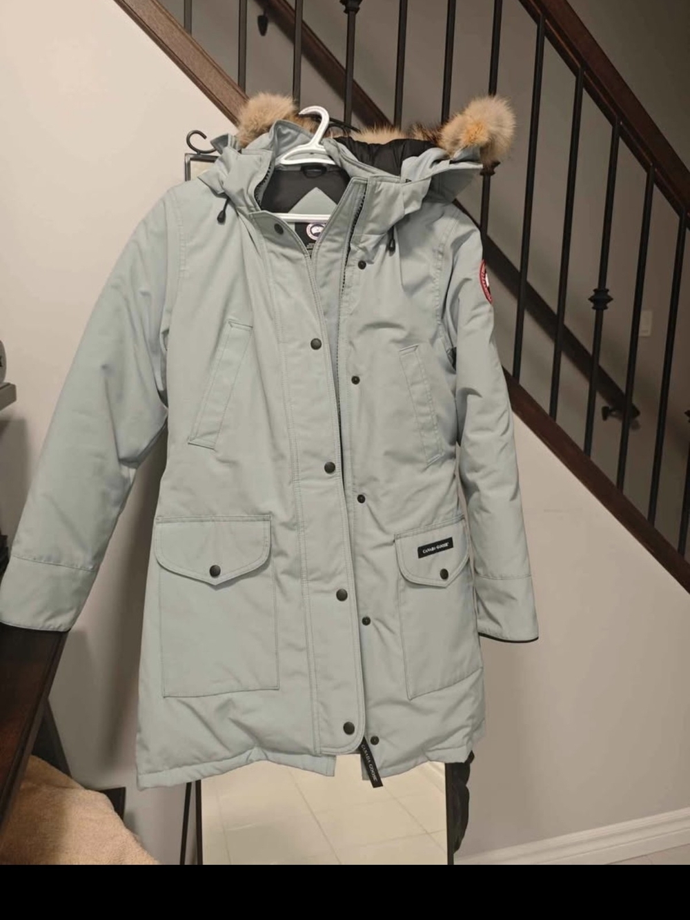 Canada Goose Light Grey Women's Long Puffer Parka with Fur Trim